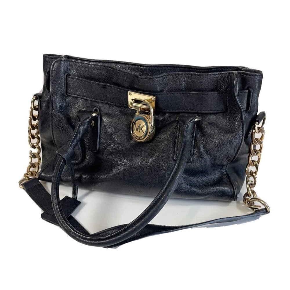 Michael Kors Womens‎ Hamilton Leather Purse Tote Handbag Black S Gold Chain Logo